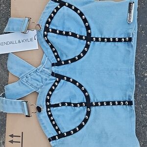 Kendall + Kylie Women's Blue Denim Studded Corseted Crop Top Size Large New NWT